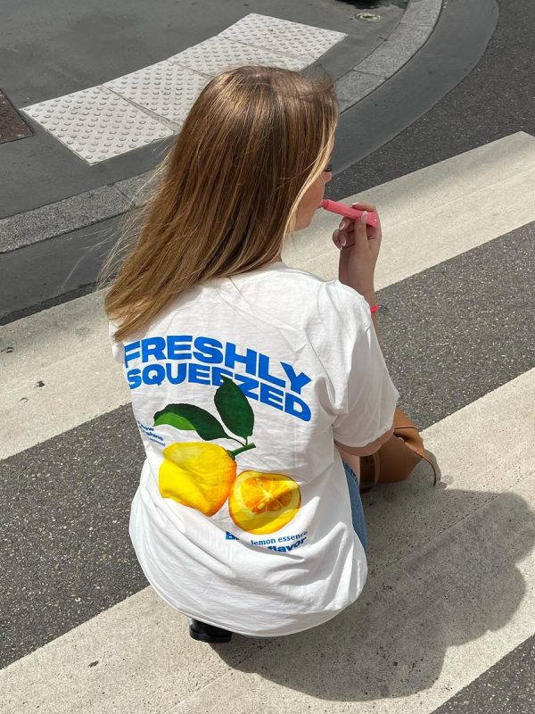 American Retro Lemon Print Oversized Cotton Short Sleeve T-Shirt for Women - Trendy Y2K Style Top