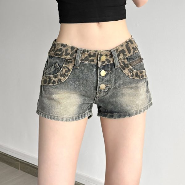 American Retro Leopard Print Patchwork Distressed Denim Low-Waist Slim Fit Bodycon Shorts for Spicy Girls