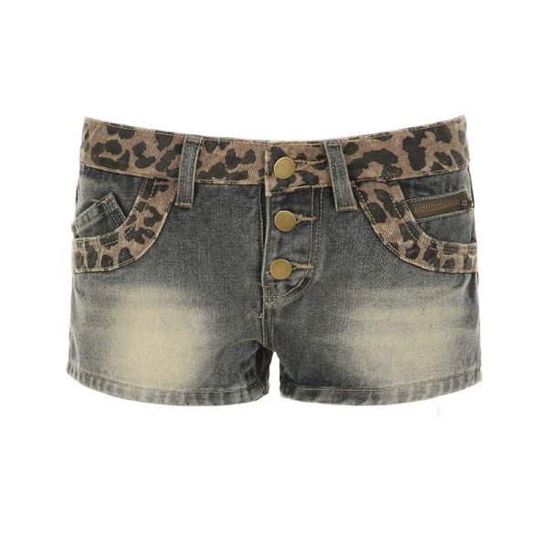 American Retro Leopard Print Patchwork Distressed Denim Low-Waist Slim Fit Bodycon Shorts for Spicy Girls