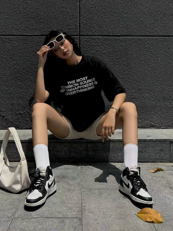 American Retro Letter Print Black Oversized Short Sleeve T-Shirt for Women, Trendy Y2K Style, Spicy Cutout Design