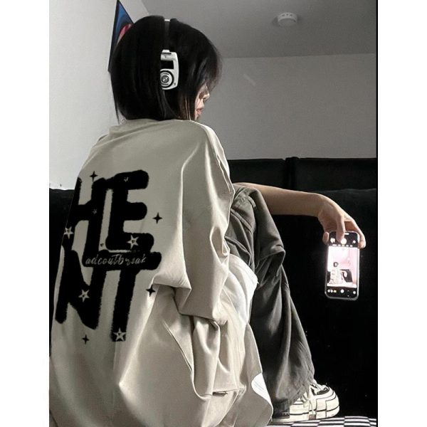 American Retro Letter Print Pure Cotton Short-Sleeve T-Shirt for Men and Women, Plus Size Loose Street Hip-Hop Couple Style