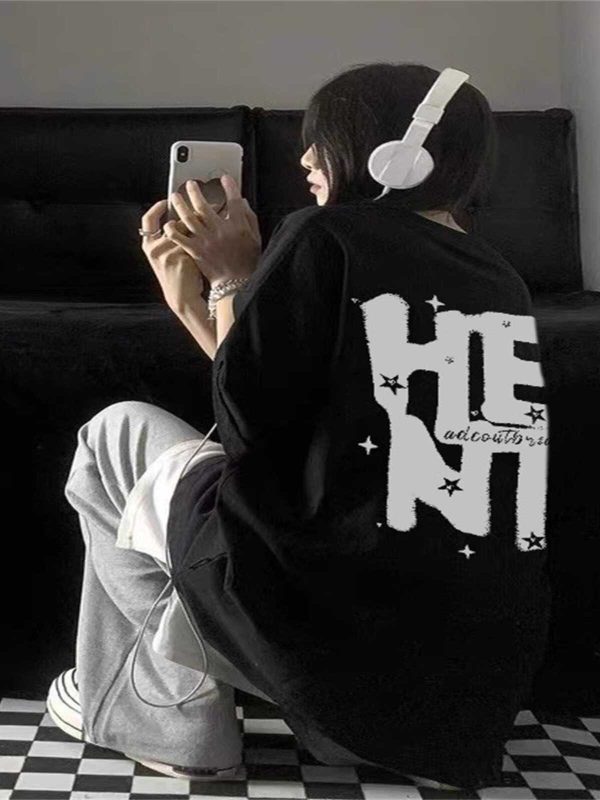 American Retro Letter Print Pure Cotton Short-Sleeve T-Shirt for Men and Women, Plus Size Loose Street Hip-Hop Couple Style