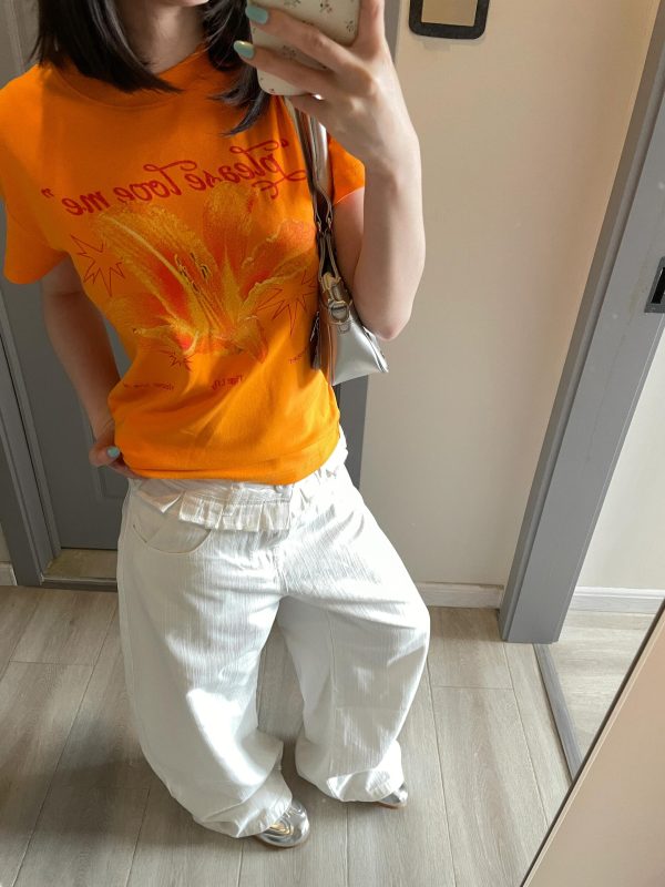 American Retro Lily Print Slim Short-Sleeve T-Shirt for Women - Summer Waist-Cinching Versatile Slimming Top