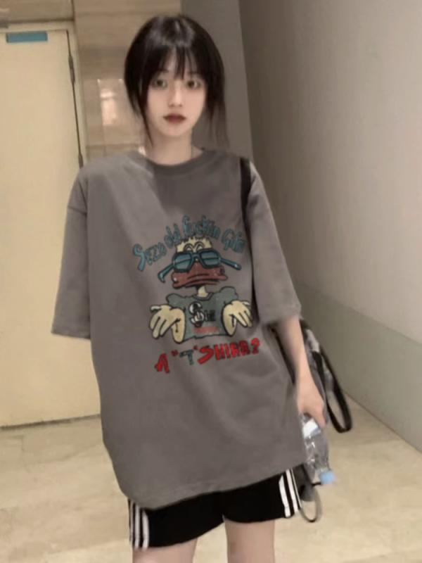 American Retro Oversized Cotton Duck Short-Sleeve T-Shirt for Men and Women, Plus Size, Loose Fit, Trendy Couple's Outfit