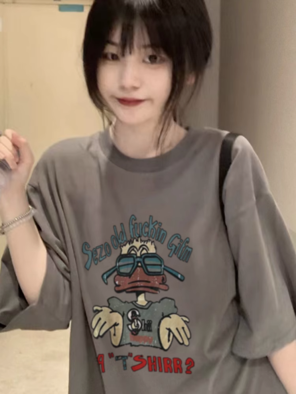 American Retro Oversized Cotton Duck Short-Sleeve T-Shirt for Men and Women, Plus Size, Loose Fit, Trendy Couple's Outfit