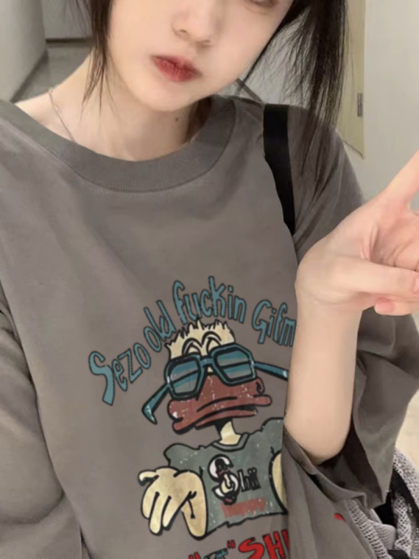 American Retro Oversized Cotton Duck Short-Sleeve T-Shirt for Men and Women, Plus Size, Loose Fit, Trendy Couple's Outfit