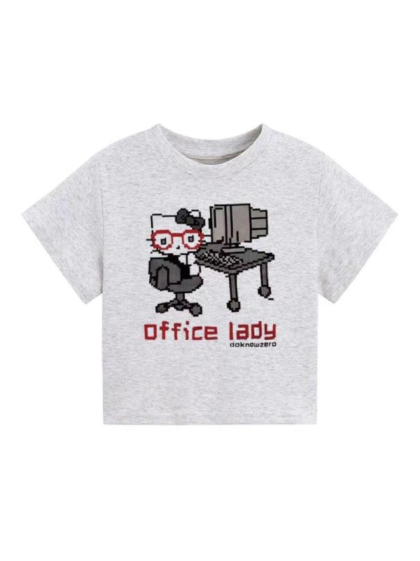 American Retro Parody Hello Kitty Shoulder-Baring Short Sleeve Women's Top - Slim Fit Stylish Summer Shirt 2025
