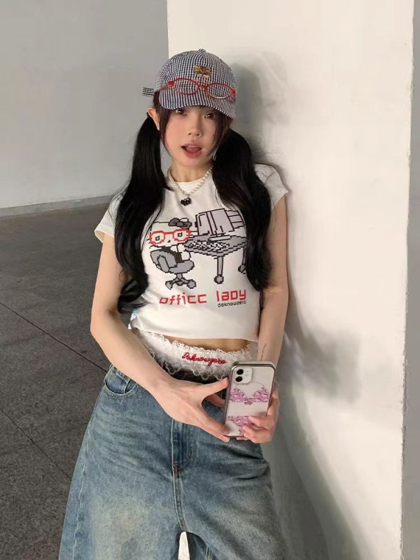 American Retro Parody Hello Kitty Shoulder-Baring Short Sleeve Women's Top - Slim Fit Stylish Summer Shirt 2025