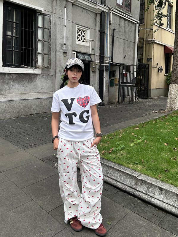 American Retro Plaid Heart Print Short Sleeve T-Shirt for Men and Women, Loose Casual Fit, Trendy Versatile Y2K Style Top
