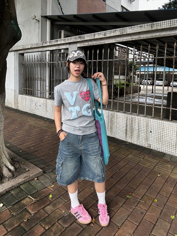 American Retro Plaid Heart Print Short Sleeve T-Shirt for Men and Women, Loose Casual Fit, Trendy Versatile Y2K Style Top
