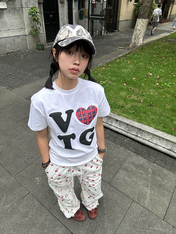 American Retro Plaid Heart Print Short Sleeve T-Shirt for Men and Women, Loose Casual Fit, Trendy Versatile Y2K Style Top