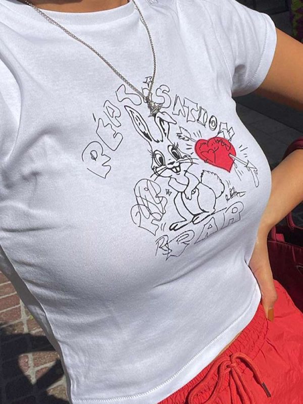 American Retro Rabbit Graphic White Short Sleeve Crop T-Shirt for Women - Summer Y2K Style ABG Hot Girl Top