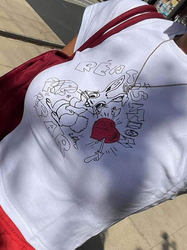 American Retro Rabbit Graphic White Short Sleeve Crop T-Shirt for Women - Summer Y2K Style ABG Hot Girl Top
