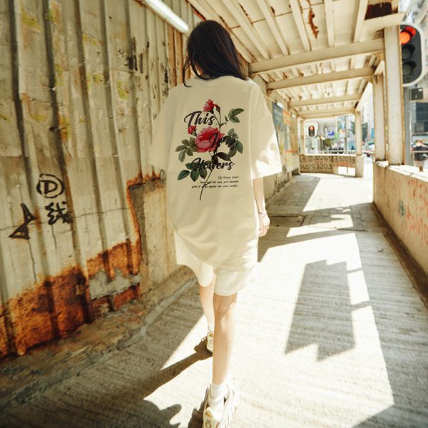 American Retro Rose Couple T-Shirt for Men - Trendy Loose Fit Short Sleeve Top, Y2K Style Fashion for Couples