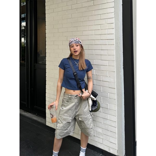 American Retro Short Sleeve Fitted Crop Top for Women - Solid Color Sexy Summer T-Shirt - Trendy Y2K Style