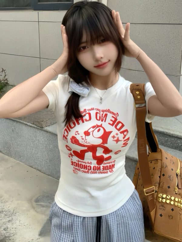American Retro Slim-Fit Round Neck Cartoon Print T-Shirt for Women - Flattering Short Sleeve Summer 2025 Style