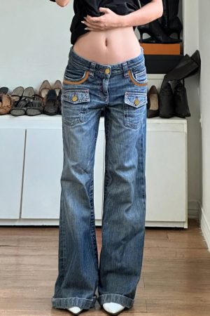 American Retro Spicy Girl Pocket Design Low-Rise Straight Leg Jeans for Women - Vintage-Inspired Loose Fit Long Denim Pants
