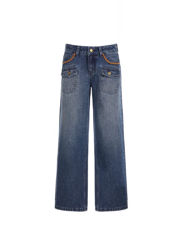American Retro Spicy Girl Pocket Design Low-Rise Straight Leg Jeans for Women - Vintage-Inspired Loose Fit Long Denim Pants