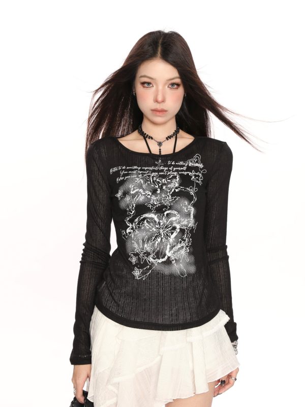 American Retro Spicy Girl Style Printed Long Sleeve T-Shirt for Women - Spring Slim Fit Top, 90s Vintage Inspired Fashion