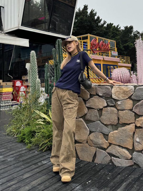 American Retro Straight-Leg Micro-Flare Work Pants for Men and Women, Multi-Pocket Street Style Spliced Long Pants