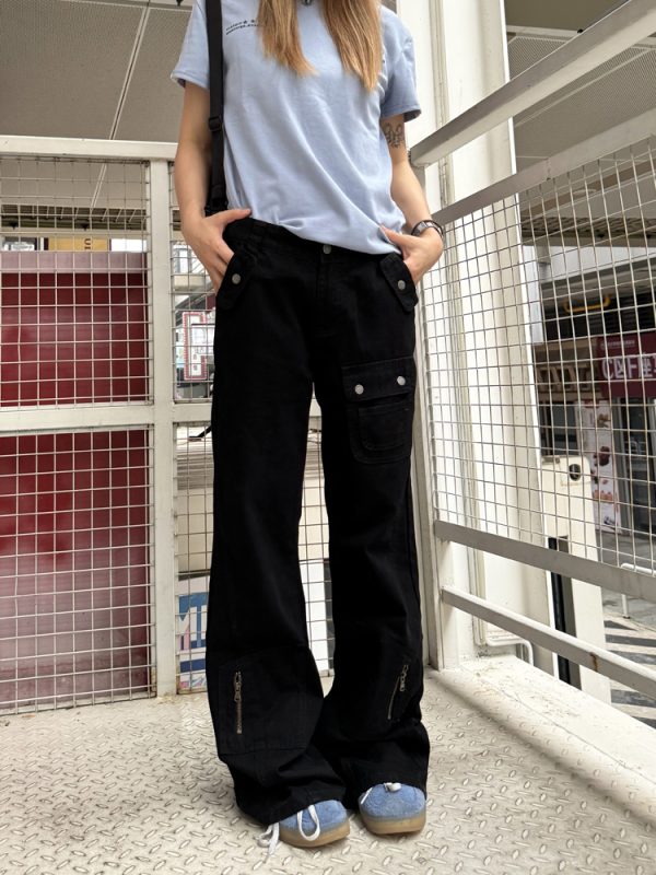 American Retro Straight-Leg Micro-Flare Work Pants for Men and Women, Multi-Pocket Street Style Spliced Long Pants