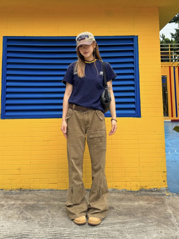 American Retro Straight-Leg Micro-Flare Work Pants for Men and Women, Multi-Pocket Street Style Spliced Long Pants