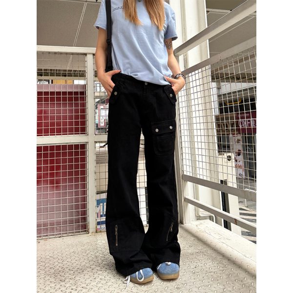 American Retro Straight-Leg Micro-Flare Work Pants for Men and Women, Multi-Pocket Street Style Spliced Long Pants