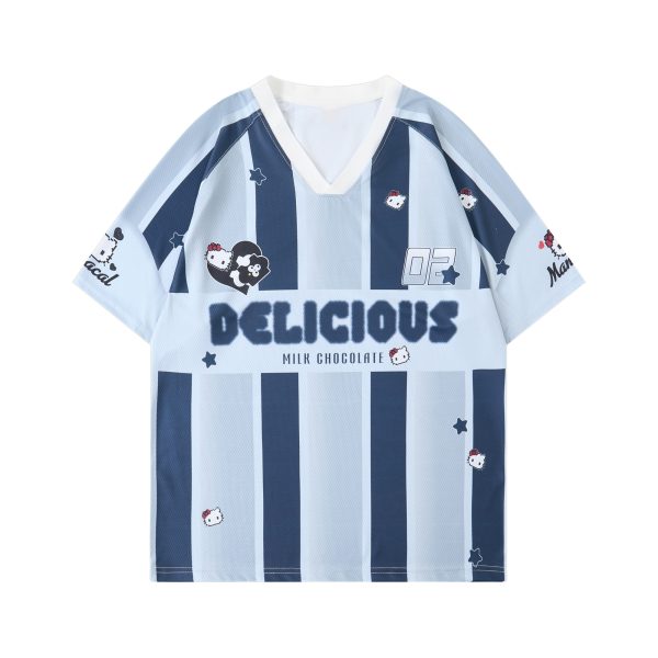 American Retro Striped Color-Blocking V-Neck Short Sleeve Jersey T-Shirt for Men and Women - Breathable Summer Sports Base Layer