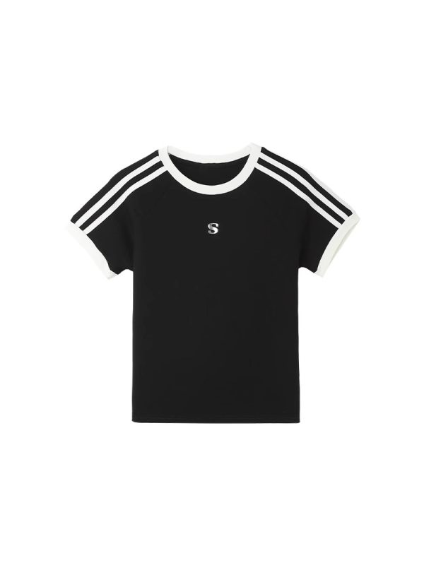 American Retro Three-Stripe Shoulder Short Sleeve T-Shirt for Women - Summer Slim Fit Sexy Top, Y2K Style