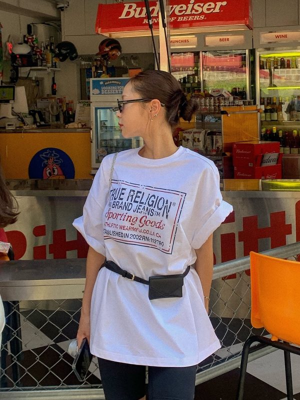 American Retro Trendy Letter Print White Oversized Short Sleeve T-Shirt for Women - Summer Fashion Hot Girl Style