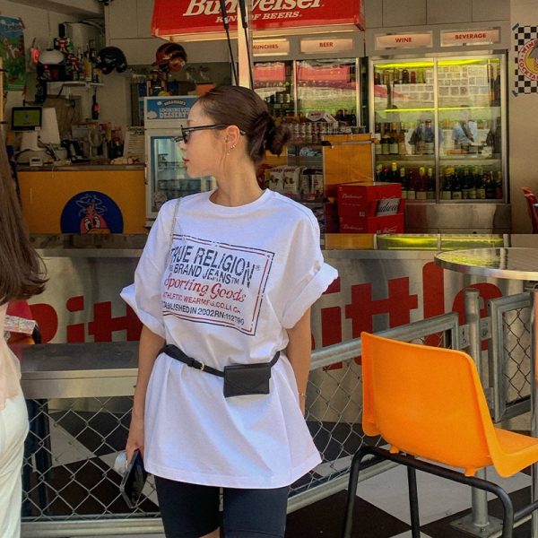 American Retro Trendy Letter Print White Oversized Short Sleeve T-Shirt for Women - Summer Fashion Hot Girl Style