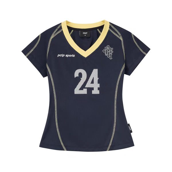 American Retro V-Neck Shoulder T-Shirt for Women, Summer Digital Print, Sporty Short Sleeves, Slim Fit, Trendy Y2K Top