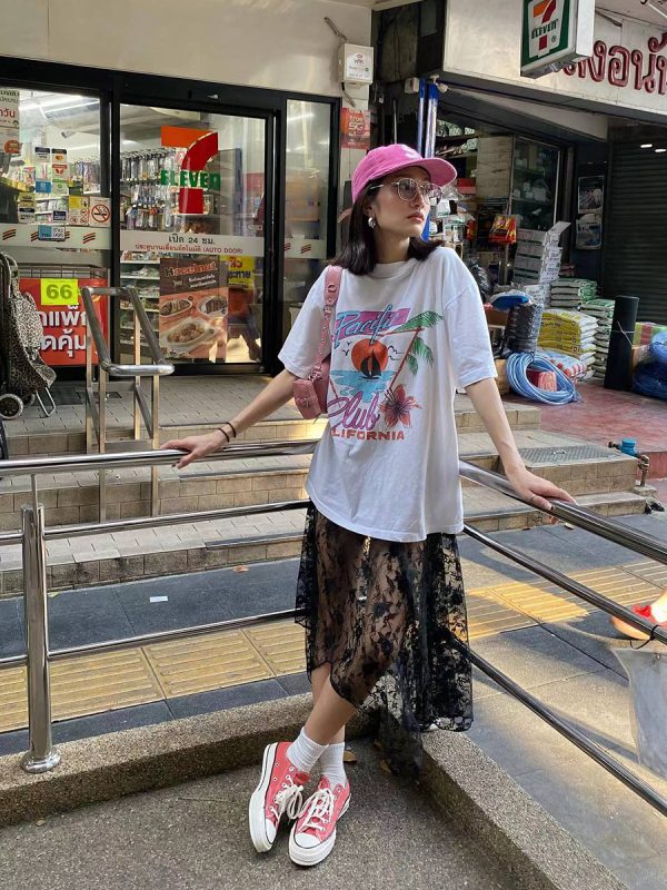 American Retro Vintage Sunrise Scenery White Short Sleeve T-Shirt for Women - Oversized Trendy Casual Top, Y2K Style