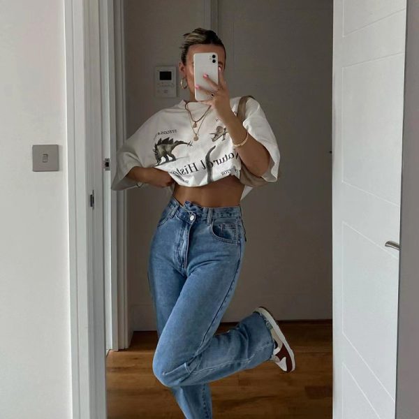 American Retro Vintage White Short Sleeve T-Shirt for Women, Niche Loose Fit Half Sleeve Top, Trendy 90s Style