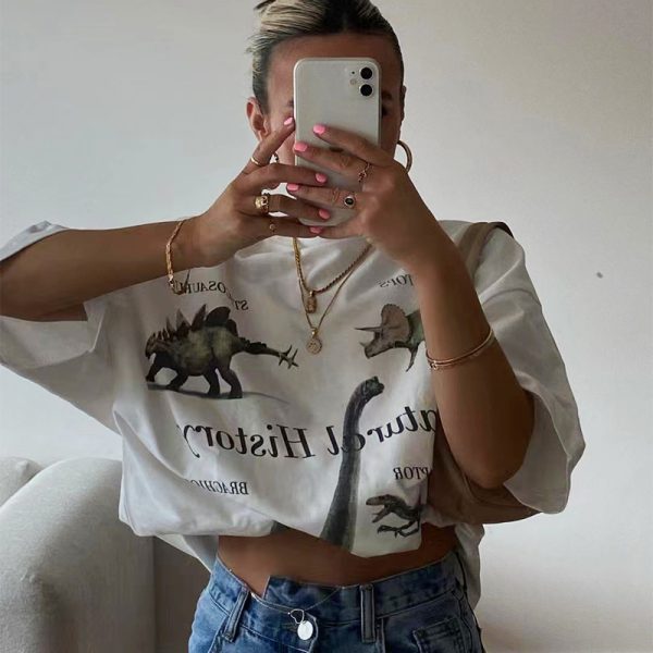 American Retro Vintage White Short Sleeve T-Shirt for Women, Niche Loose Fit Half Sleeve Top, Trendy 90s Style