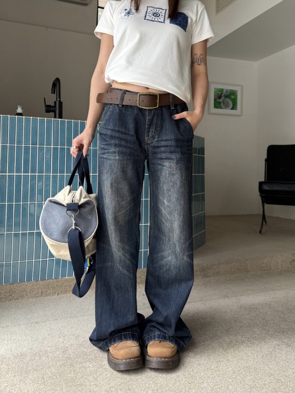 American Retro Washed Low-Rise Straight-Leg Jeans for Women - Versatile Loose Slim-Fit Casual Pants in Vintage Style