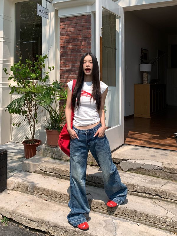 American Retro Washed Ripple Design Denim Pants for Men and Women - Loose Casual Versatile Wide-Leg Straight Long Trousers
