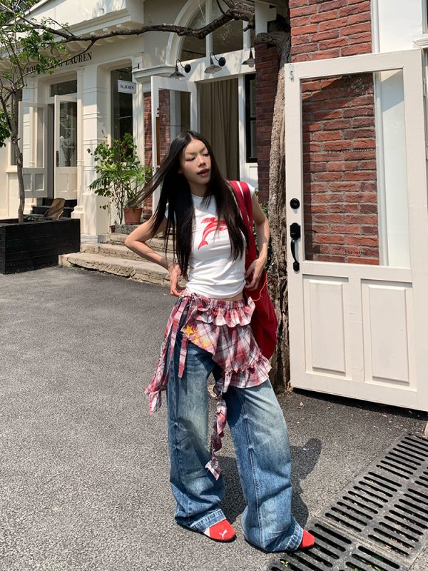 American Retro Washed Ripple Design Denim Pants for Men and Women - Loose Casual Versatile Wide-Leg Straight Long Trousers