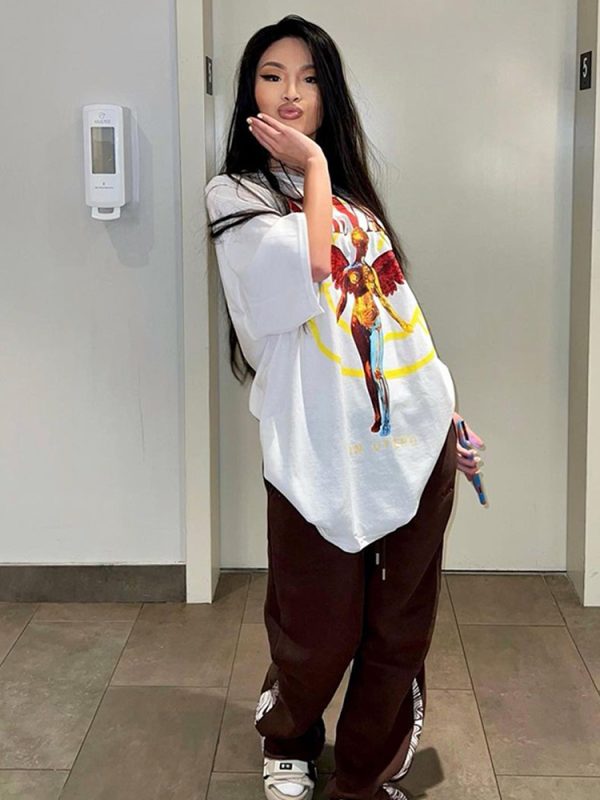 American Retro White Angel Oversized Short Sleeve T-Shirt for Women - Niche Design Spicy Girl Top, 90s Style