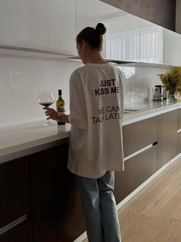 American Retro White Letter Printed Oversized Short Sleeve T-Shirt for Women - Summer Trendy Y2K Style Half-Sleeve Top
