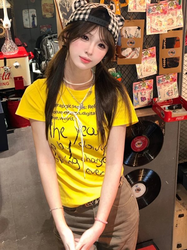 American Retro Yellow Letter Print Cropped Short-Sleeve T-Shirt for Women, Summer Slim Fit, Spicy Girl Style