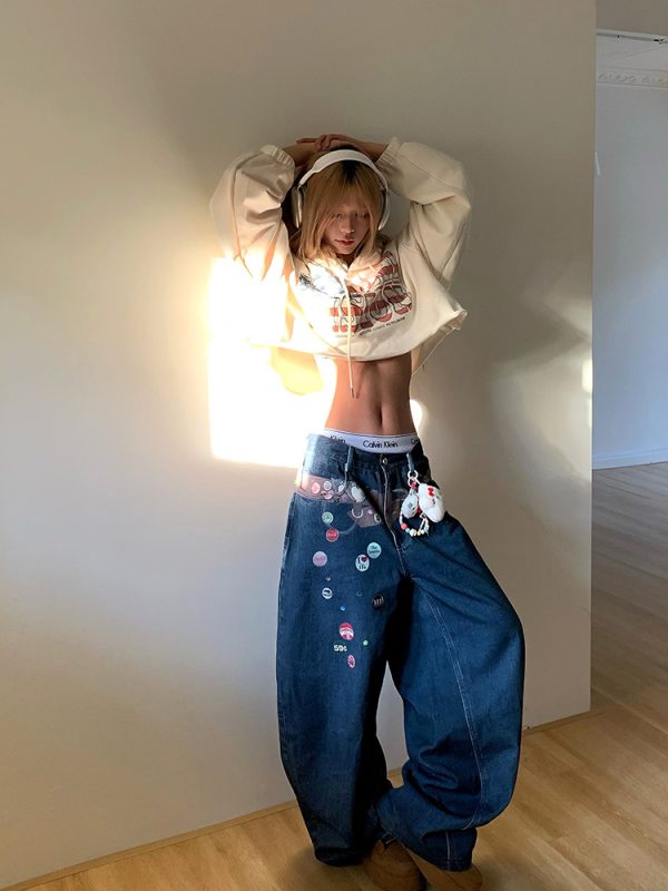 American Style Fun Badge Printed Denim Pants - Loose Wide-Leg Straight Trousers for Men and Women - 90s Y2K Fashion