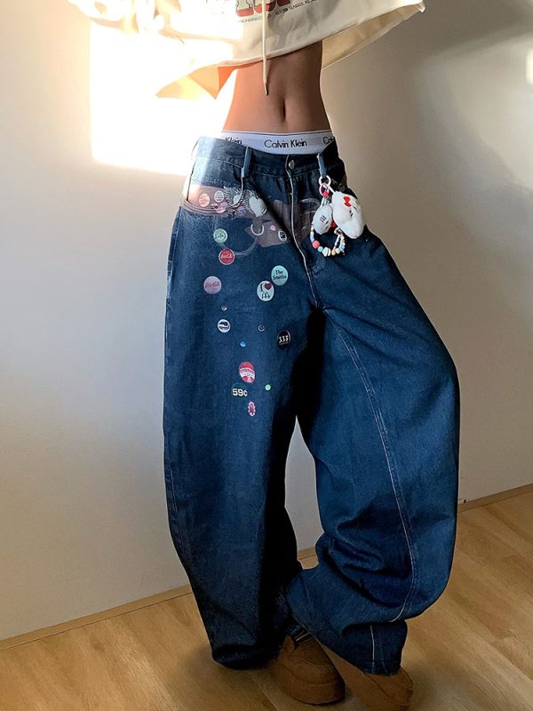 American Style Fun Badge Printed Denim Pants - Loose Wide-Leg Straight Trousers for Men and Women - 90s Y2K Fashion