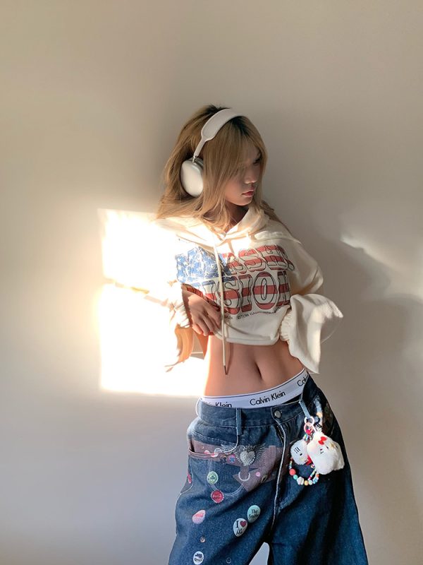 American Style Fun Badge Printed Denim Pants - Loose Wide-Leg Straight Trousers for Men and Women - 90s Y2K Fashion