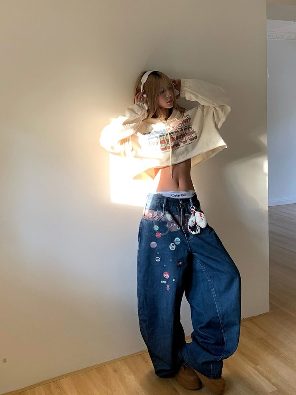 American Style Fun Badge Printed Denim Pants - Loose Wide-Leg Straight Trousers for Men and Women - 90s Y2K Fashion