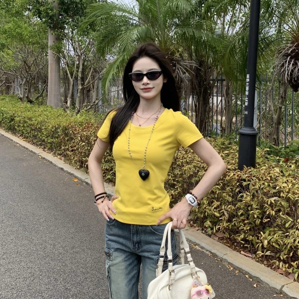American Style Short Sleeve T-Shirt for Women - Pure Desire Slim Fit Round Neck Top - Versatile Spring Summer 2025 Fashion
