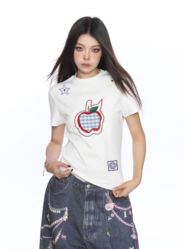 American-Style Small Apple Embroidered Short Sleeve T-Shirt for Women - Casual Summer Slimming Top, Versatile Lazy Style