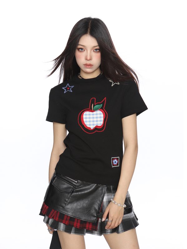 American-Style Small Apple Embroidered Short Sleeve T-Shirt for Women - Casual Summer Slimming Top, Versatile Lazy Style