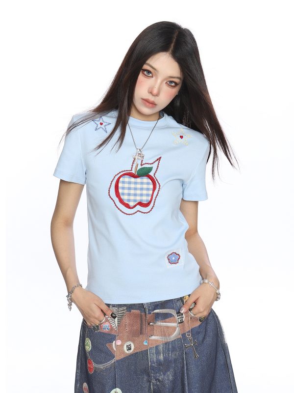 American-Style Small Apple Embroidered Short Sleeve T-Shirt for Women - Casual Summer Slimming Top, Versatile Lazy Style