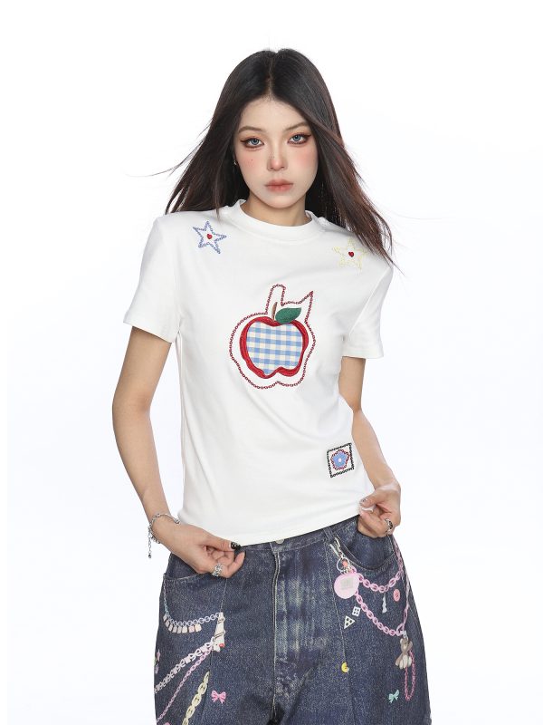 American-Style Small Apple Embroidered Short Sleeve T-Shirt for Women - Casual Summer Slimming Top, Versatile Lazy Style